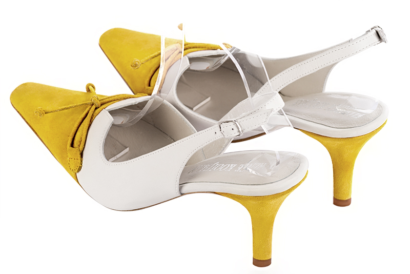 Yellow and pure white women's open back shoes, with a knot. Tapered toe. High slim heel. Rear view - Florence KOOIJMAN